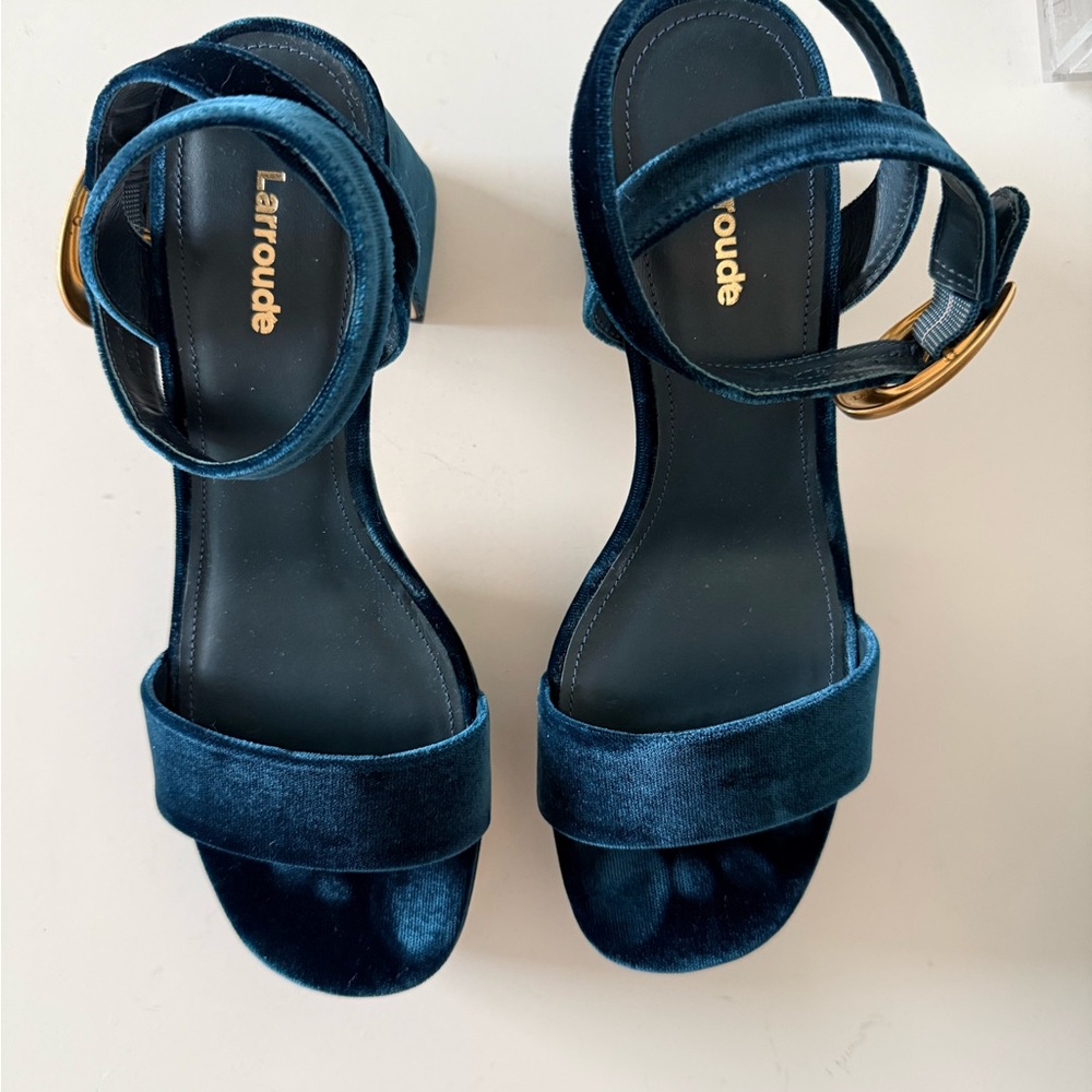 Larroude Dolly Verona Low Sandal In Blue Velvet, New & Never Worn Outside